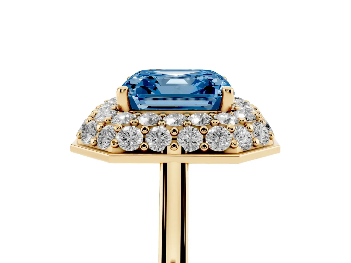 Fancy Blue Asscher Cut Halo Diamond Engagement Ring with Solitaire Band and Four-Prong Setting Yellow gold
