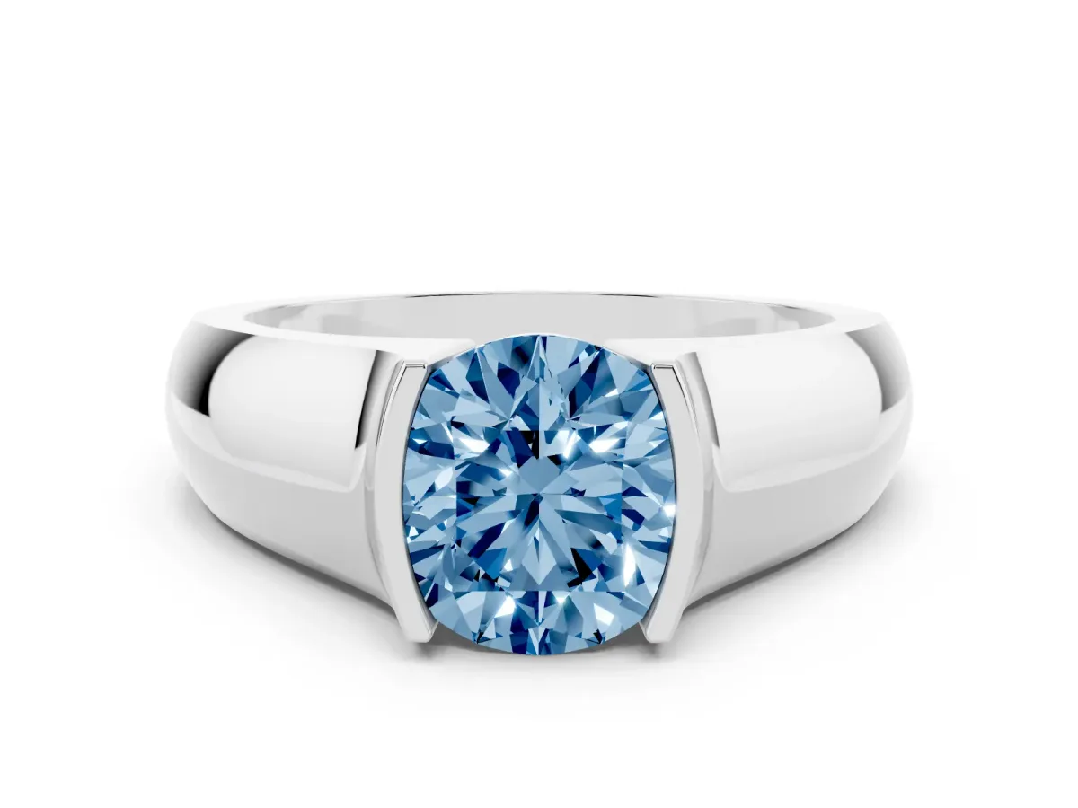 Fancy Blue Round Cut Solitaire Bezel Set Diamond Ring with Wide Band Silver
