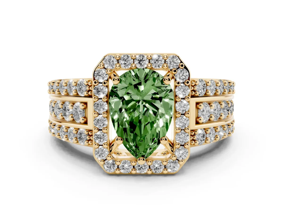 Fancy Green Pear Cut Halo Diamond Ring with Round Split Shank and Prong Setting Yellow gold