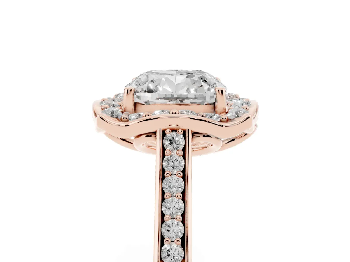 Cushion Cut Halo Round Diamond Pave Band with Four-Prong Setting Rose gold