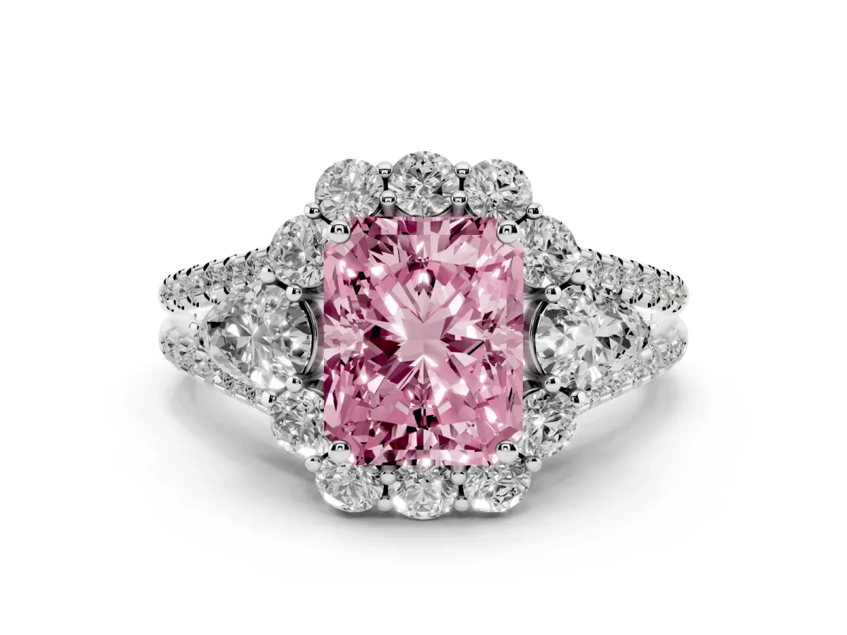 Fancy Pink Radiant Cut Halo Split Shank Diamond Engagement Ring with Prong Setting Silver