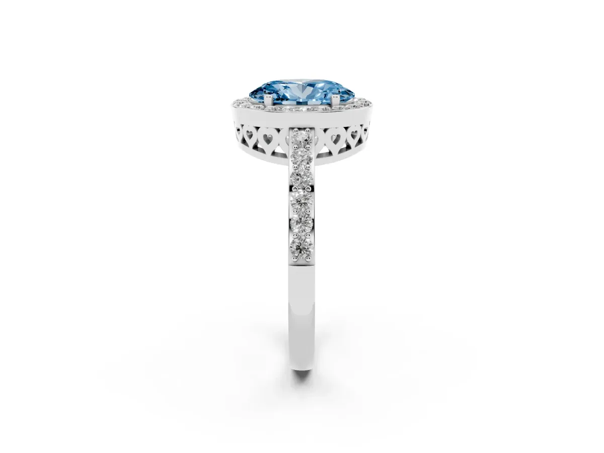 Fancy Blue Oval Cut Halo Diamond Pavé Band Ring with Prong Setting Silver