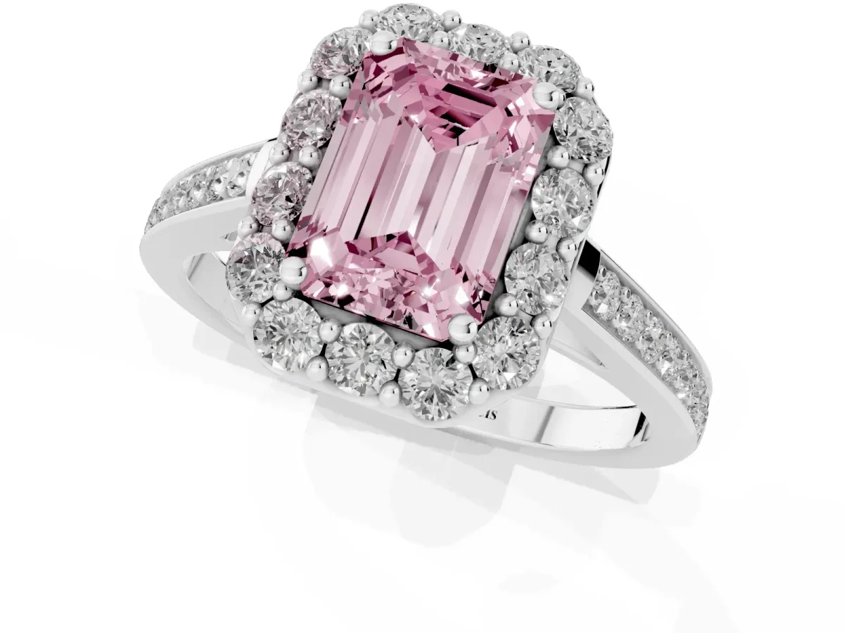Fancy Pink Emerald Cut Diamond Floral Halo Ring with Pavé Band and Prong Setting Platinum