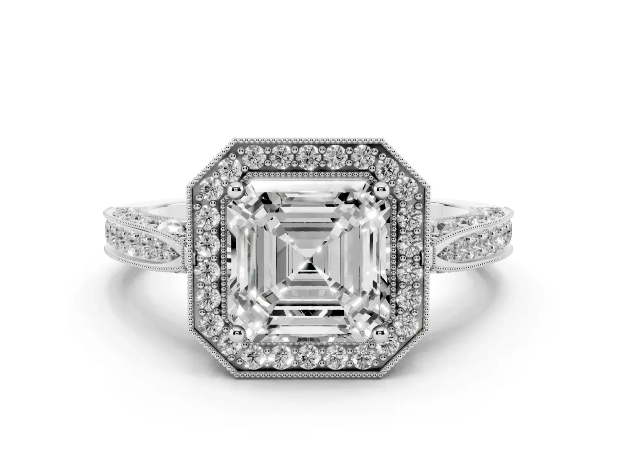 Asscher Cut Halo Diamond Engagement Ring with Split Shank Band and Four-Prong Setting Silver