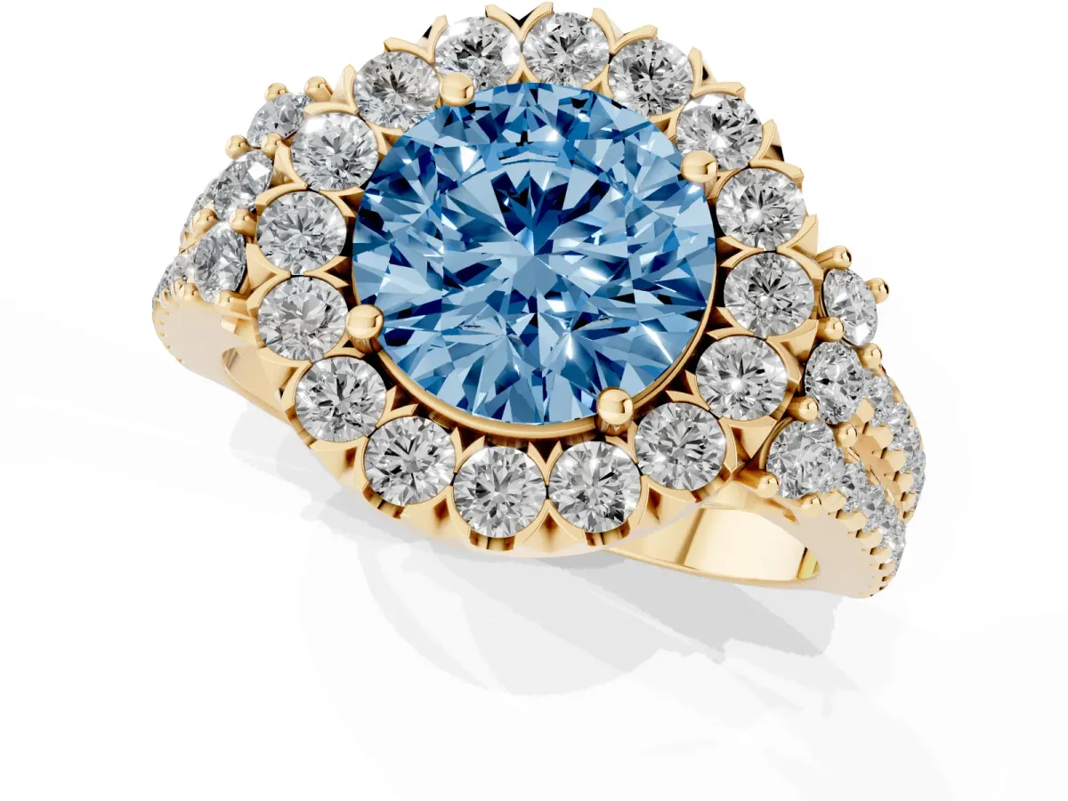 Fancy Blue Round Cut Cut Double Halo Diamond Engagement Ring with Pave Band and Four-Prong Setting Yellow gold