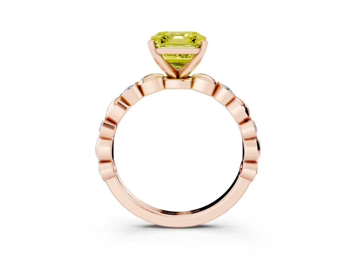 Fancy Yellow Asscher Cut Solitaire Bezel-Set Diamond Ring with Beaded Band and Four-Prong Setting Rose gold