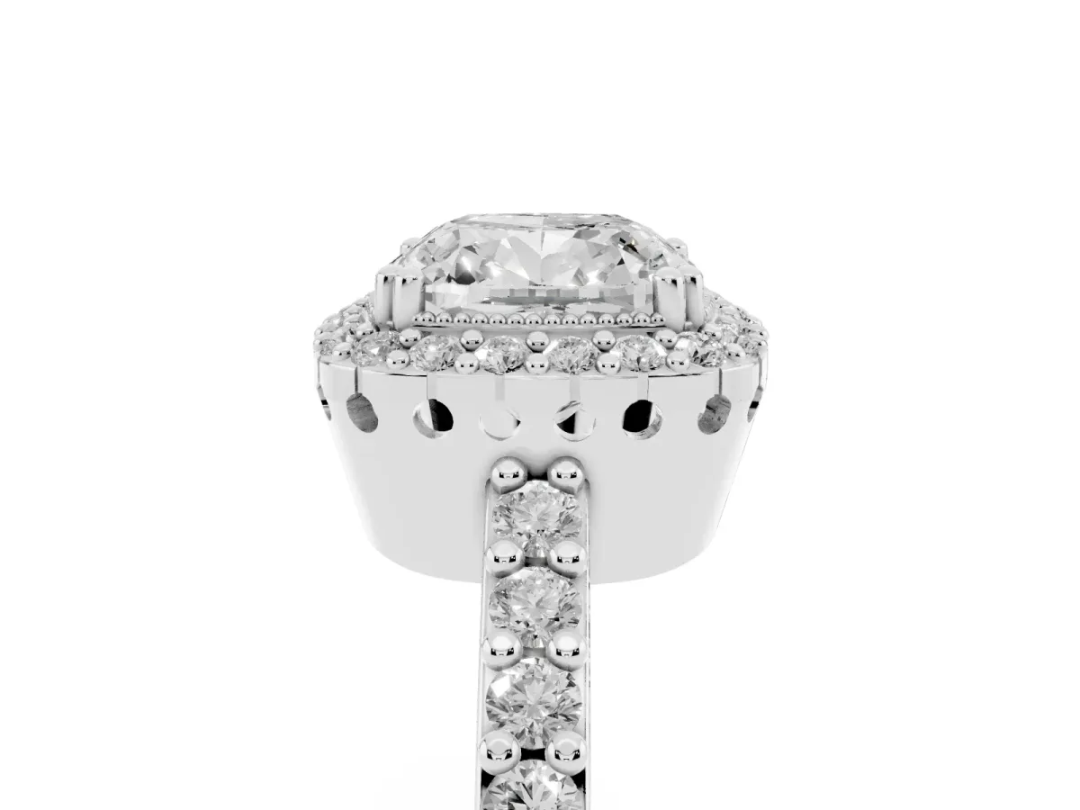 Cushion Cut Cut Diamond Halo Engagement Ring with Milgrain Detail and Pavé Band Silver