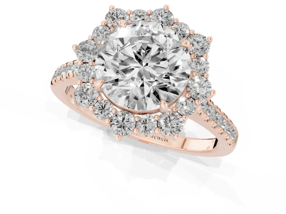 Round Cut Halo Diamond Ring with Pavé Band and Prong Setting Rose gold