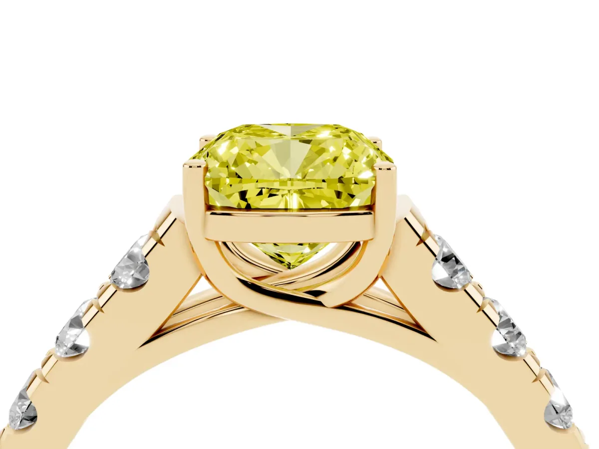Fancy Yellow Cushion Cut Cut Diamond Solitaire Ring with Micro Pave Band and Prong Setting Yellow gold