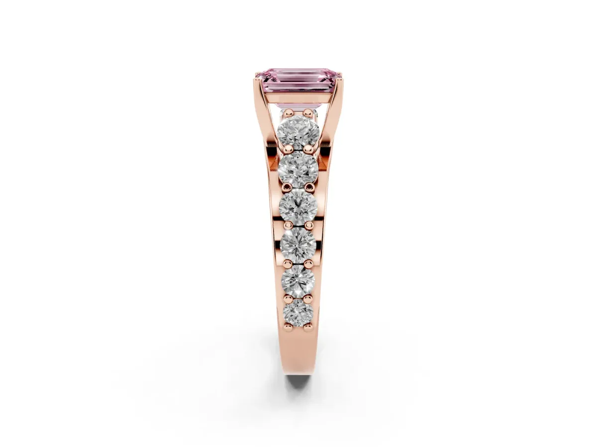 Fancy Pink Emerald Cut Diamond Engagement Ring with Pavé Band and Four-Prong Setting Rose gold