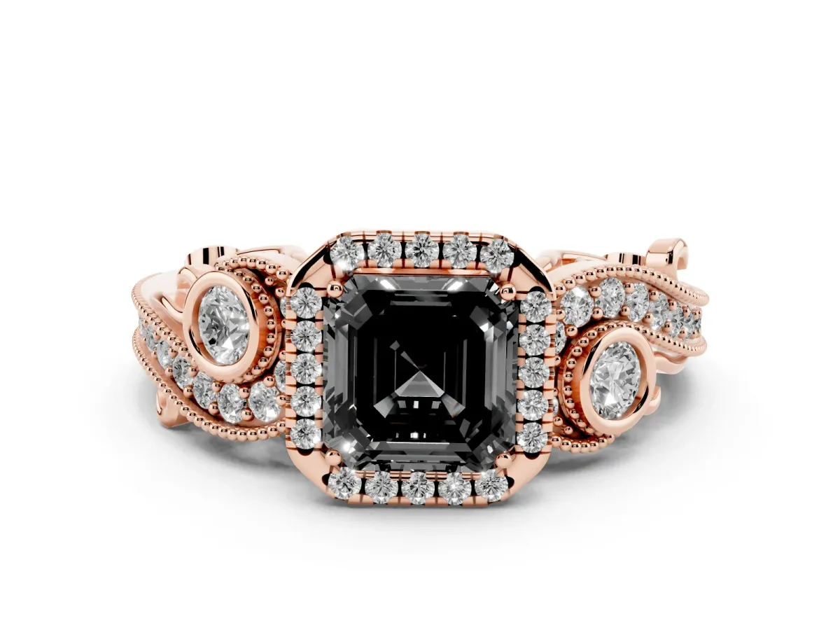 Fancy Black Asscher Cut Halo Diamond Ring with Milgrain and Bezel Accents on a Split Shank Band Rose gold