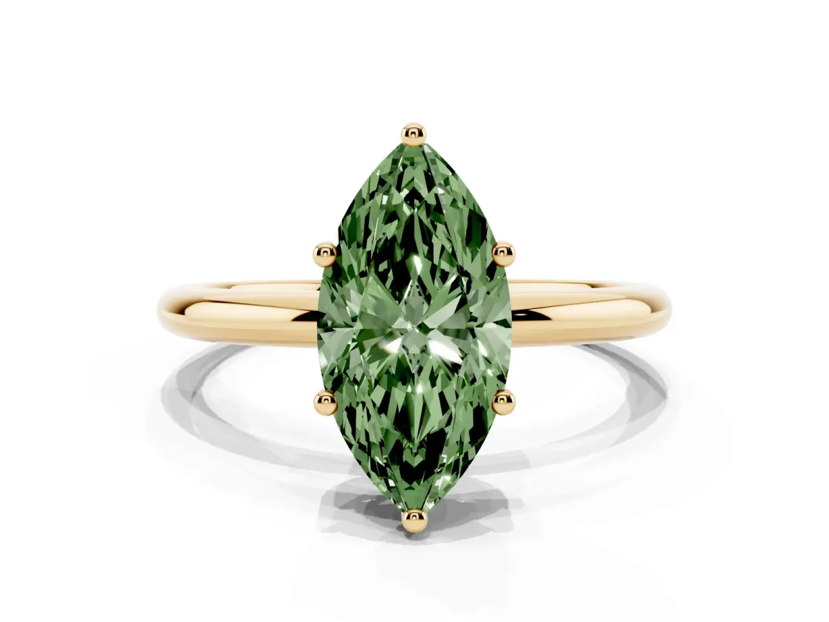 Fancy Green Marquise Cut Cut Solitaire Engagement Ring with Four-Prong Setting and Classic Band Yellow gold
