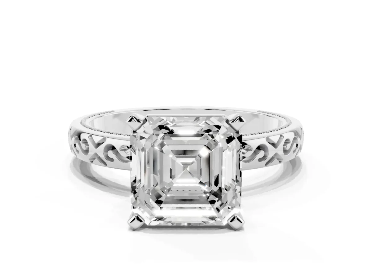 Asscher Cut Solitaire Engagement Ring with Scrollwork Band and Four-Prong Setting Silver