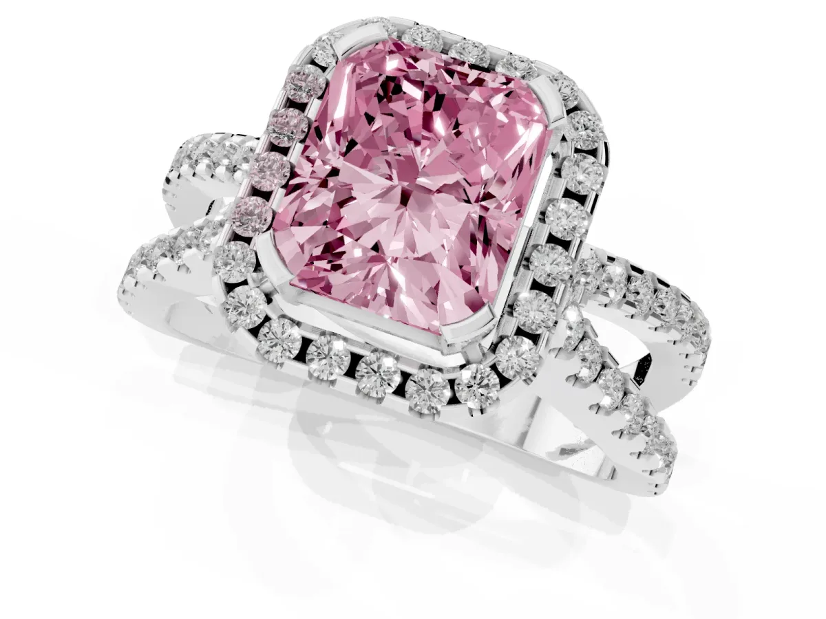 Fancy Pink Radiant Cut Diamond Halo Ring with Split Shank Pavé Band and Prong Setting Silver