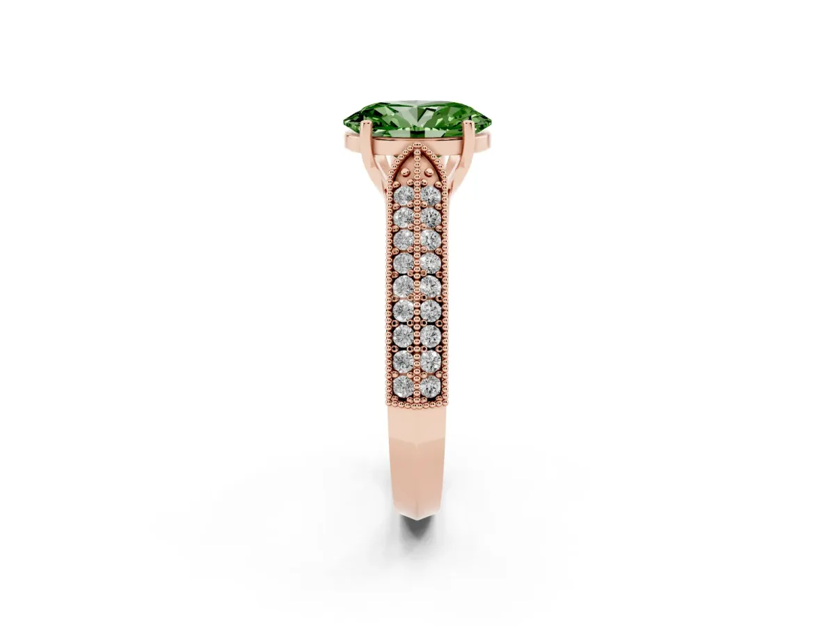 Fancy Green Oval Cut Cut Pave Split Shank Engagement Ring with Four-Prong Setting Rose gold