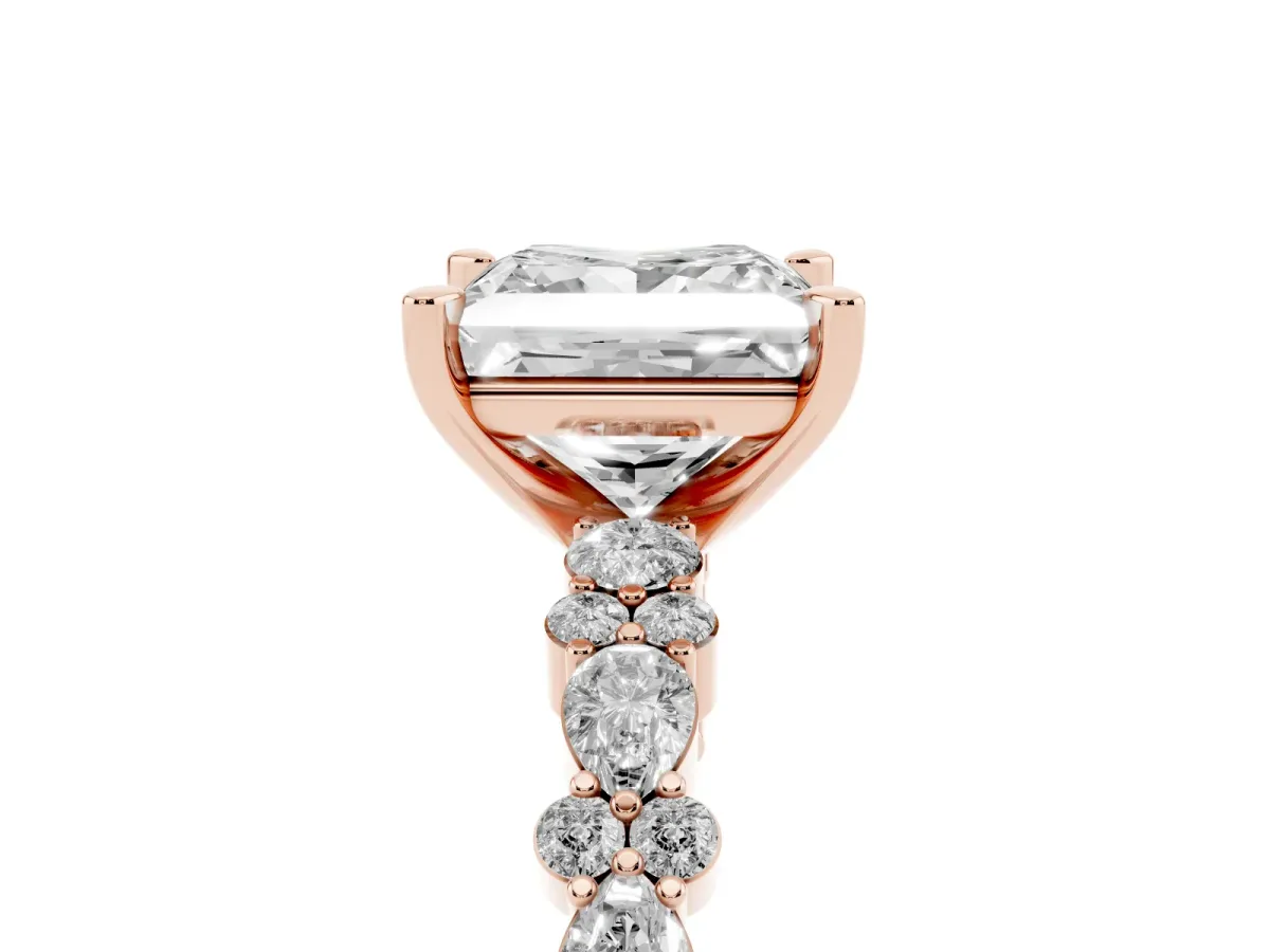 Princess Cut Diamond Side Stone Solitaire Ring with Round and Four-Prong Setting Rose gold