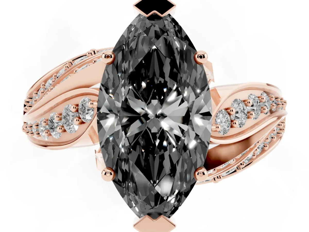 Fancy Black Marquise Cut Diamond Solitaire Ring with Prong Setting and Twisted Pavé Band Rose gold