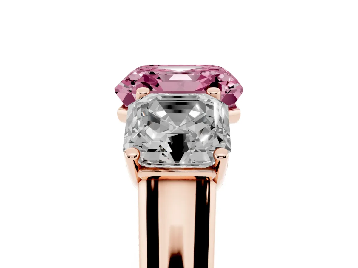 Fancy Pink Asscher Cut Three-Stone Diamond Ring with Prong Setting on a Classic Band Rose gold