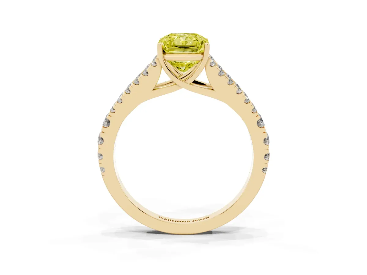 Fancy Yellow Radiant Cut Diamond Split Shank Engagement Ring with Round Pavé and Prong Setting Yellow gold