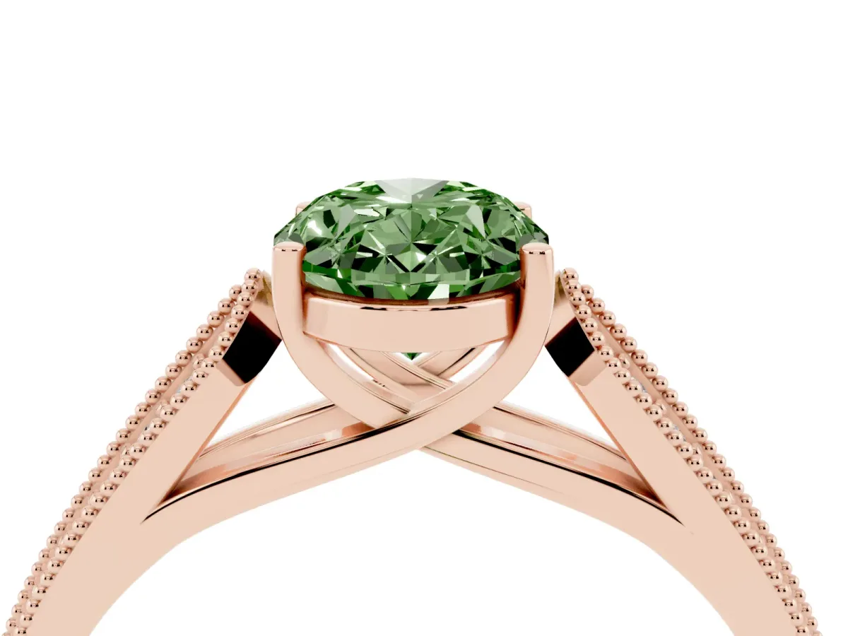 Fancy Green Oval Cut Cut Pave Split Shank Engagement Ring with Four-Prong Setting Rose gold