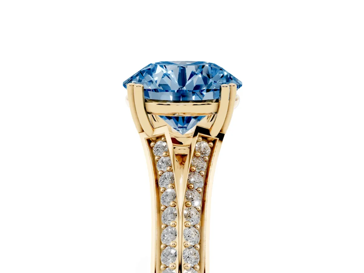 Fancy Blue Round Cut Diamond Split Shank Engagement Ring with Pavé Band Yellow gold
