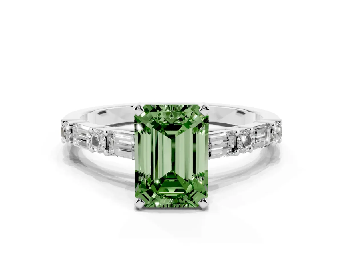 Fancy Green Emerald Cut Diamond Solitaire with Side Baguettes and Channel Set Band Platinum