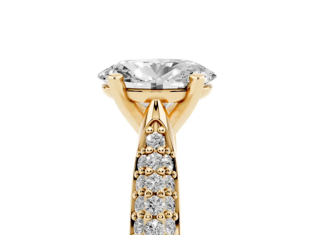 Oval Cut Diamond Solitaire Engagement Ring with Multi-Row Round Pavé Band and Prong Setting Yellow gold