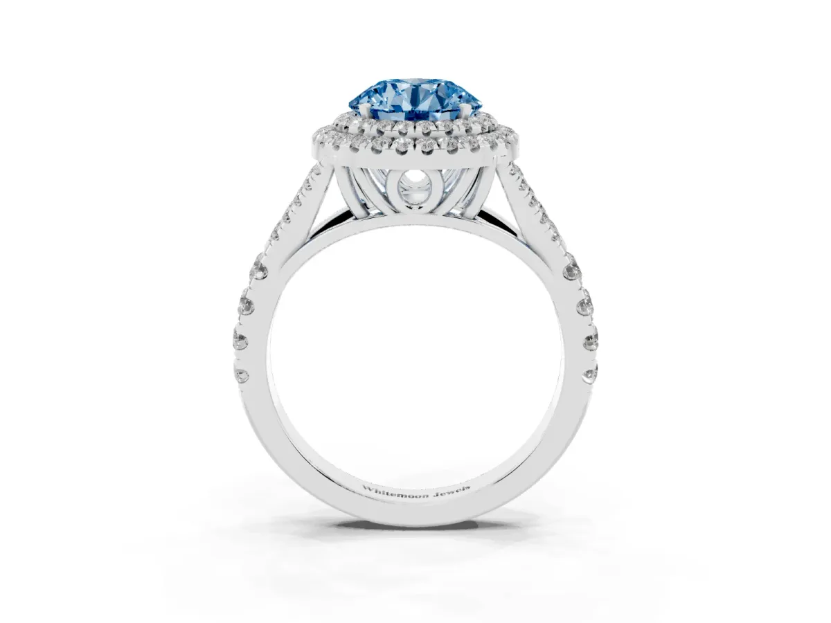 Fancy Blue Round Cut Diamond Pavé Split Shank Double Halo Engagement Ring Silver