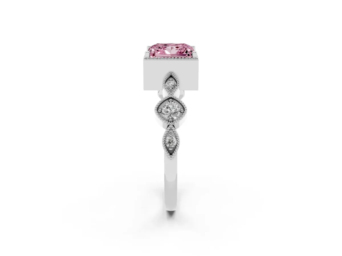 Fancy Pink Princess Cut Diamond Vintage Milgrain Ring with Round Stations Silver