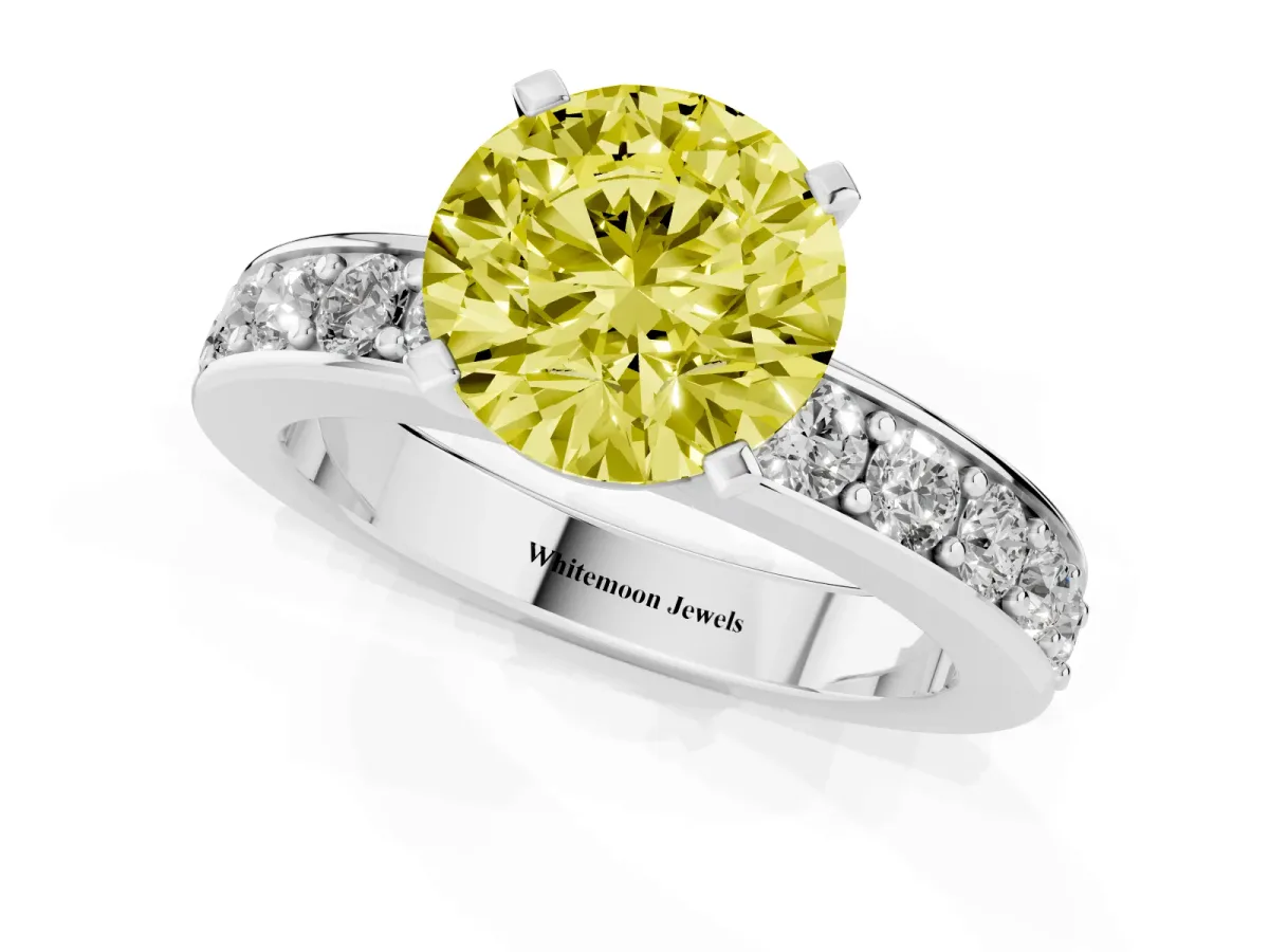 Fancy Yellow Round Cut Diamond Engagement Ring with Channel Set Round Band and Prong Setting Silver