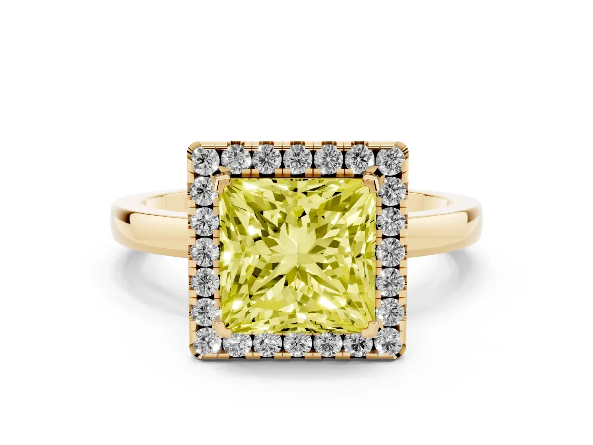 Fancy Yellow Princess Cut Halo Diamond Solitaire with Pavé Band and Four-Prong Setting Yellow gold