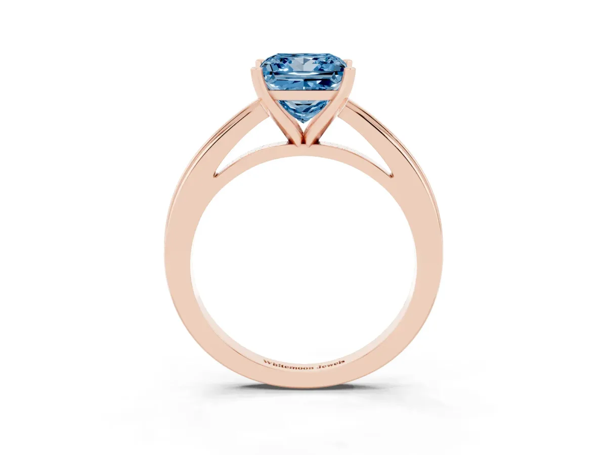 Fancy Blue Princess Cut Solitaire Diamond Ring with Four-Prong Setting and Classic Band Rose gold