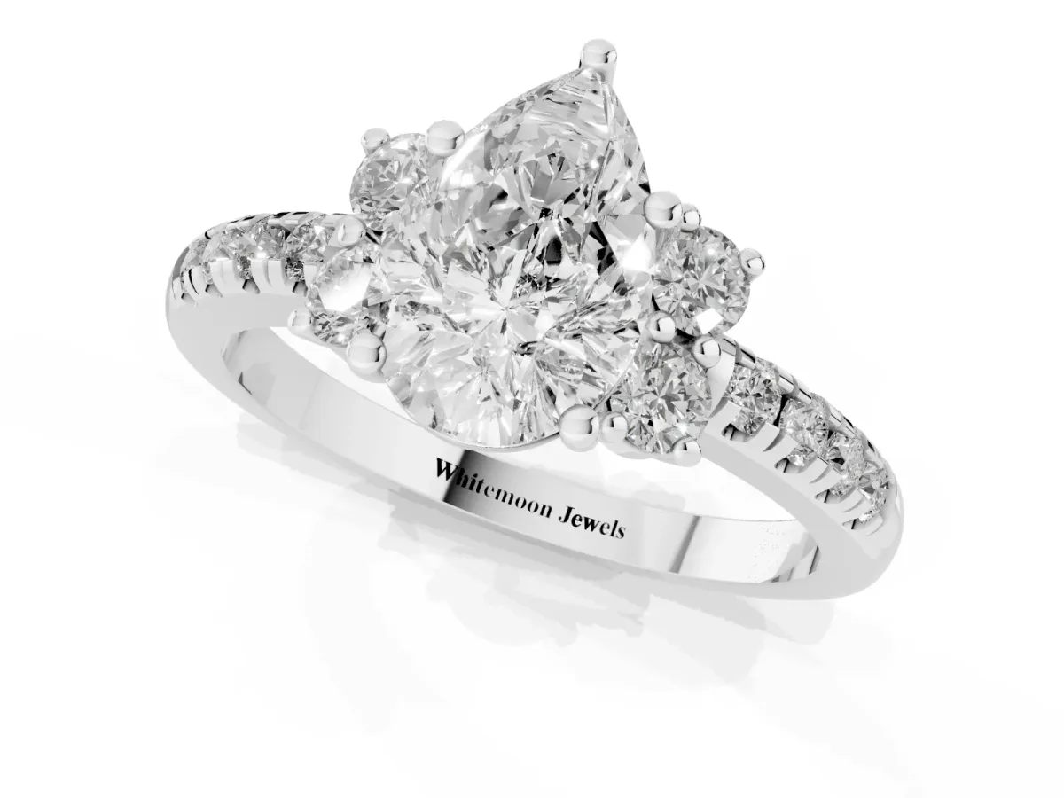 Pear Cut Diamond Three-Stone Pave Band with Four-Prong Setting Silver