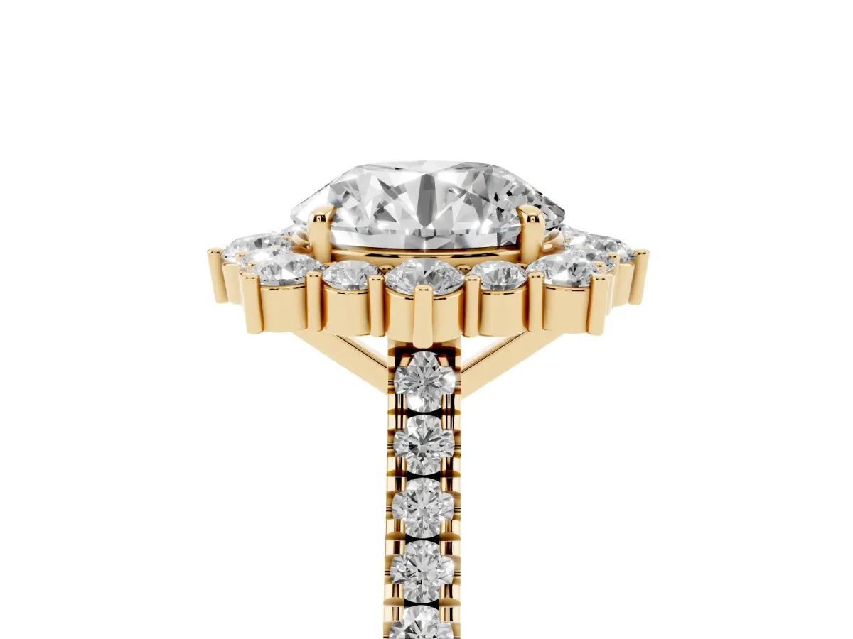 Round Cut Halo Diamond Ring with Pavé Band and Prong Setting Yellow gold
