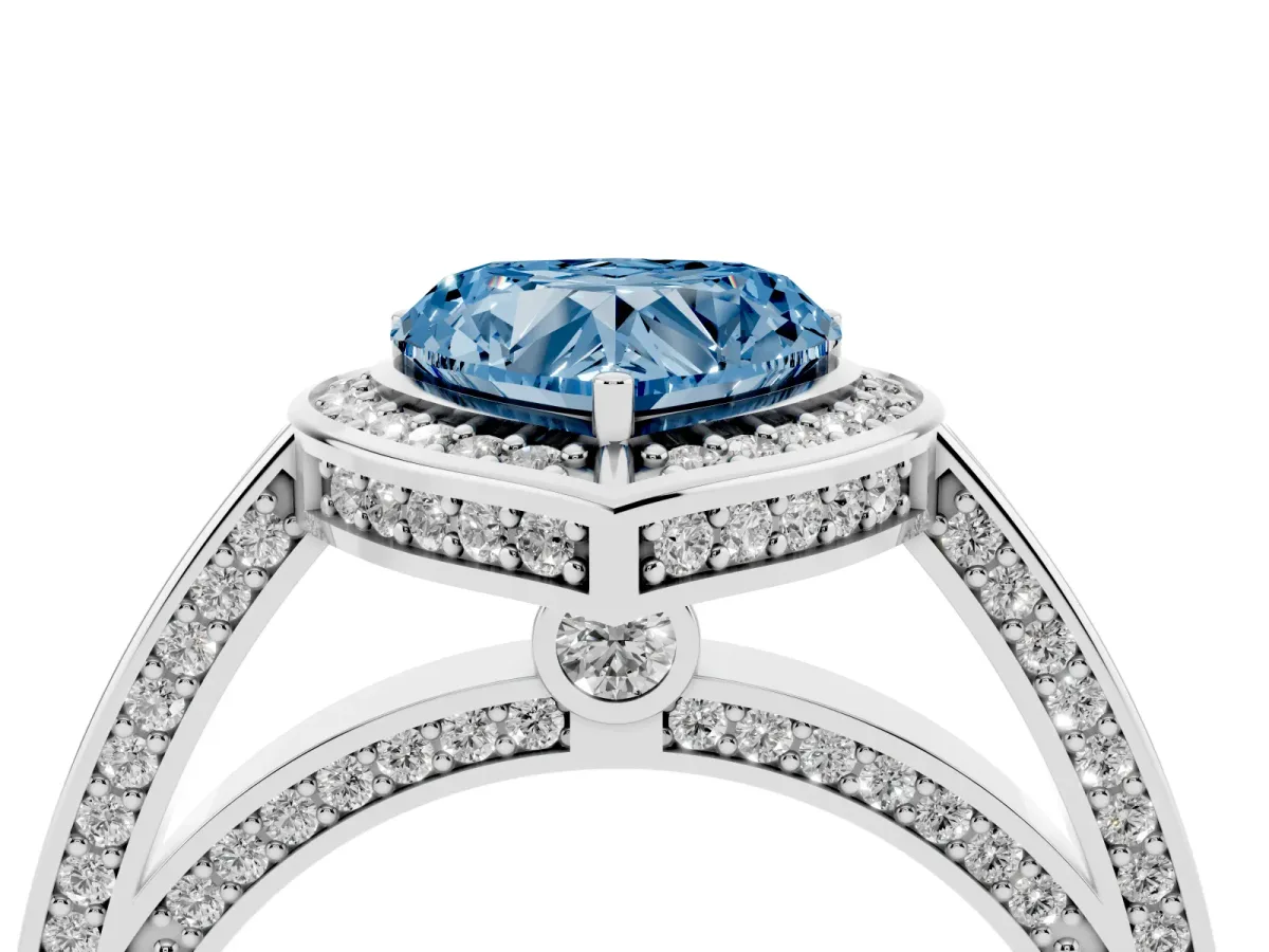 Fancy Blue Heart Cut Cut Halo Pave Split Shank Prong Setting Ring Silver