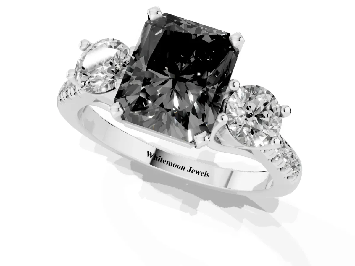Fancy Black Three-Stone Radiant Cut Diamond Pavé Band with Four-Prong Setting Silver