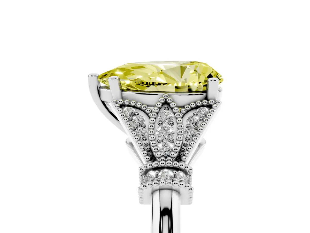 Fancy Yellow Pear Cut Diamond Solitaire Ring with Floral Filigree and Pave Accents Platinum