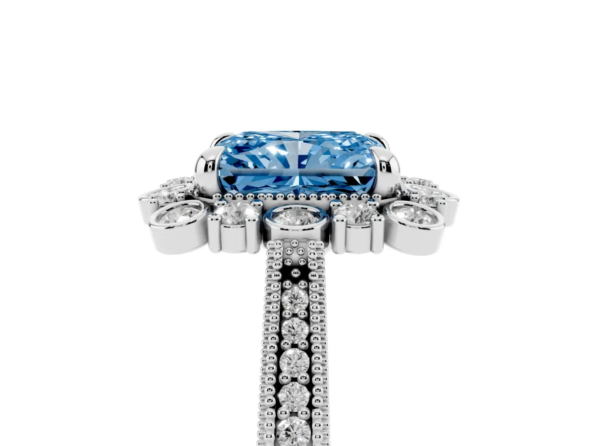 Fancy Blue Radiant Cut Halo Milgrain Pave Diamond Ring with Four-Prong Setting Silver