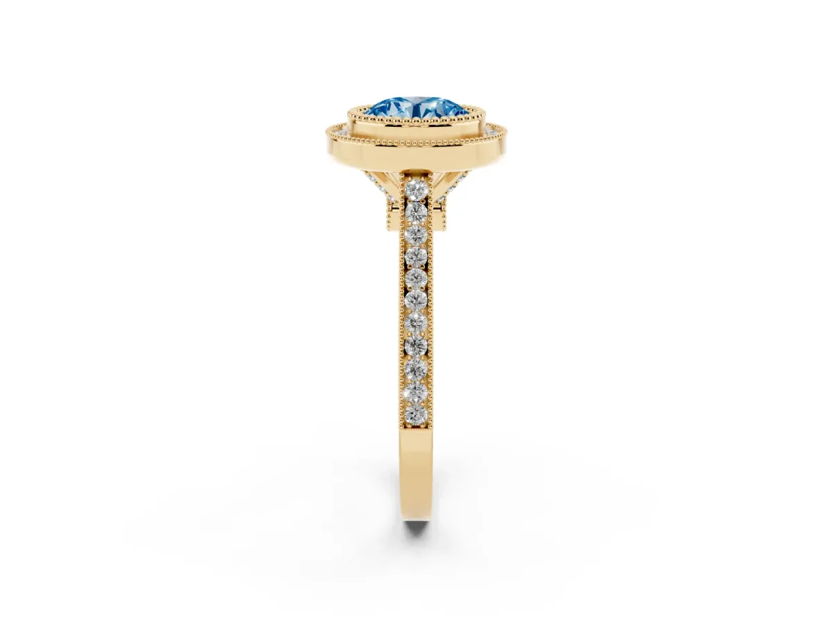 Fancy Blue Round Cut Diamond Halo Ring with Milgrain Frame and Pavé Band Yellow gold