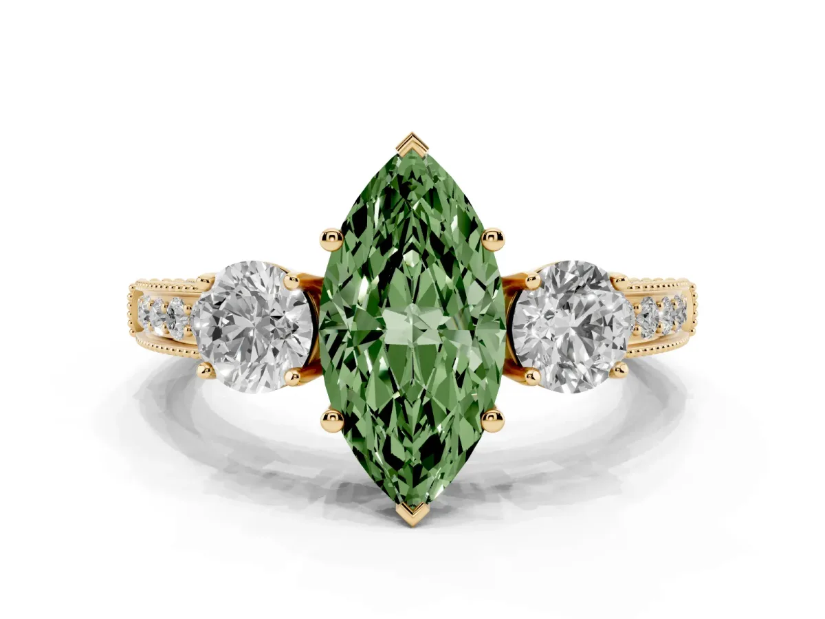 Fancy Green Marquise Cut Three-Stone Diamond Ring with Pavé Band and Four-Prong Setting Yellow gold