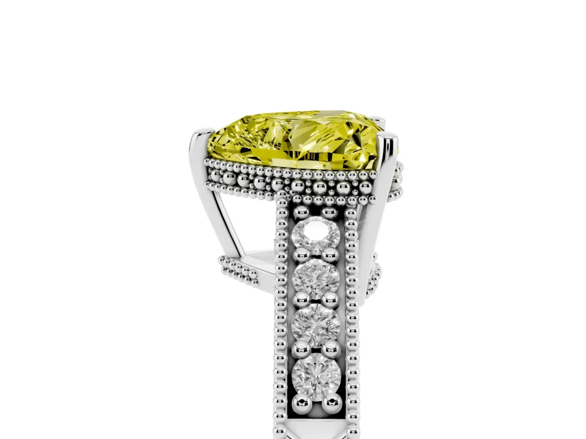Fancy Yellow Heart Cut Solitaire Pavé Diamond Milgrain Engagement Ring with Four-Prong Setting Silver