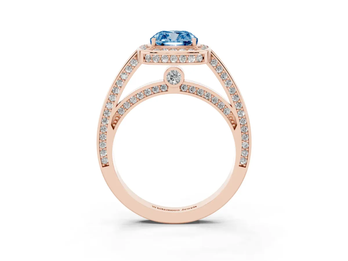 Fancy Blue Cushion Cut Cut Halo Pave Split Shank Prong Setting Ring Rose gold