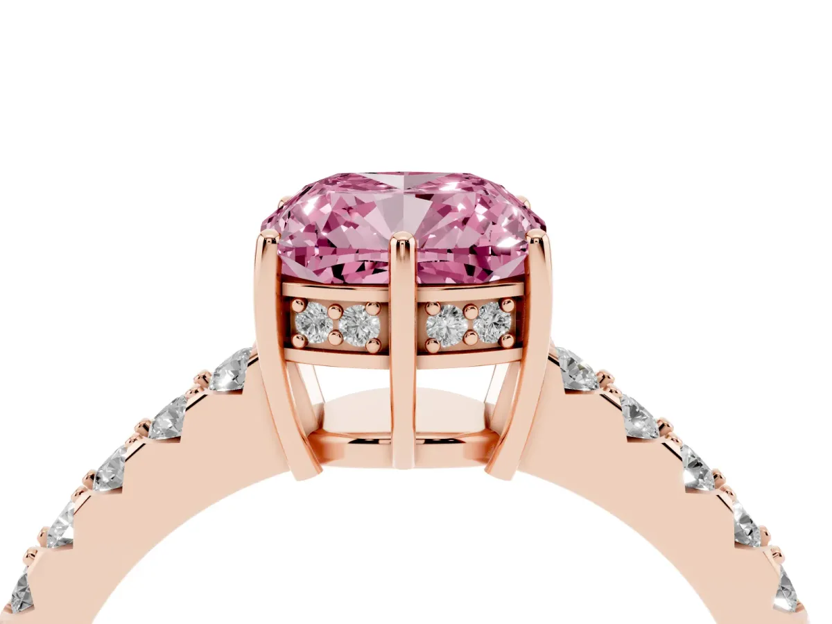 Fancy Pink Cushion Cut Solitaire Diamond Engagement Ring with Pavé Band and Six-Prong Setting Rose gold