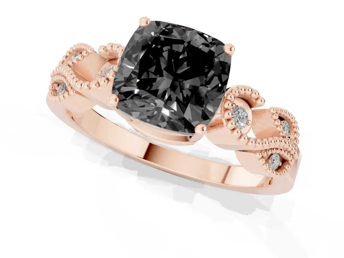 Fancy Black Cushion Cut Solitaire Milgrain Leaf Band with Prong Setting Rose gold