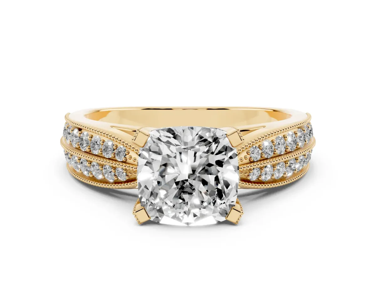Cushion Cut Diamond Solitaire Ring with Milgrain Round Pavé Band and Prong Setting Yellow gold