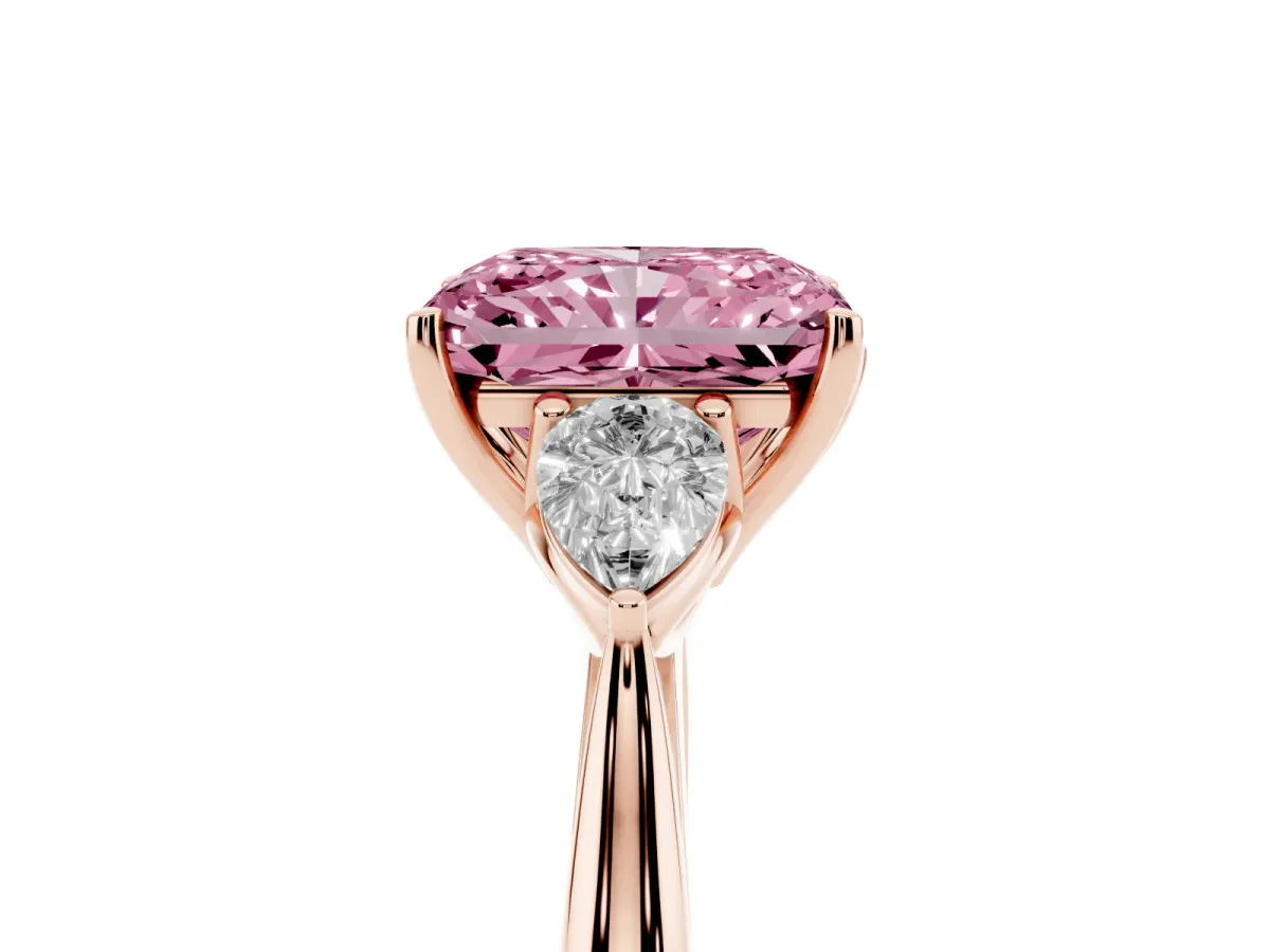 Fancy Pink Three-Stone Radiant Cut Brilliant Diamond Solitaire Ring with Tapered Band and Four-Prong Setting Rose gold
