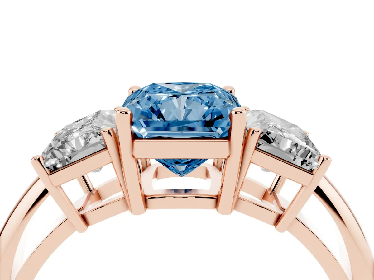 Fancy Blue Three-Stone Radiant Cut Cut Diamond Engagement Ring with Prong Setting on a White Gold Band Rose gold