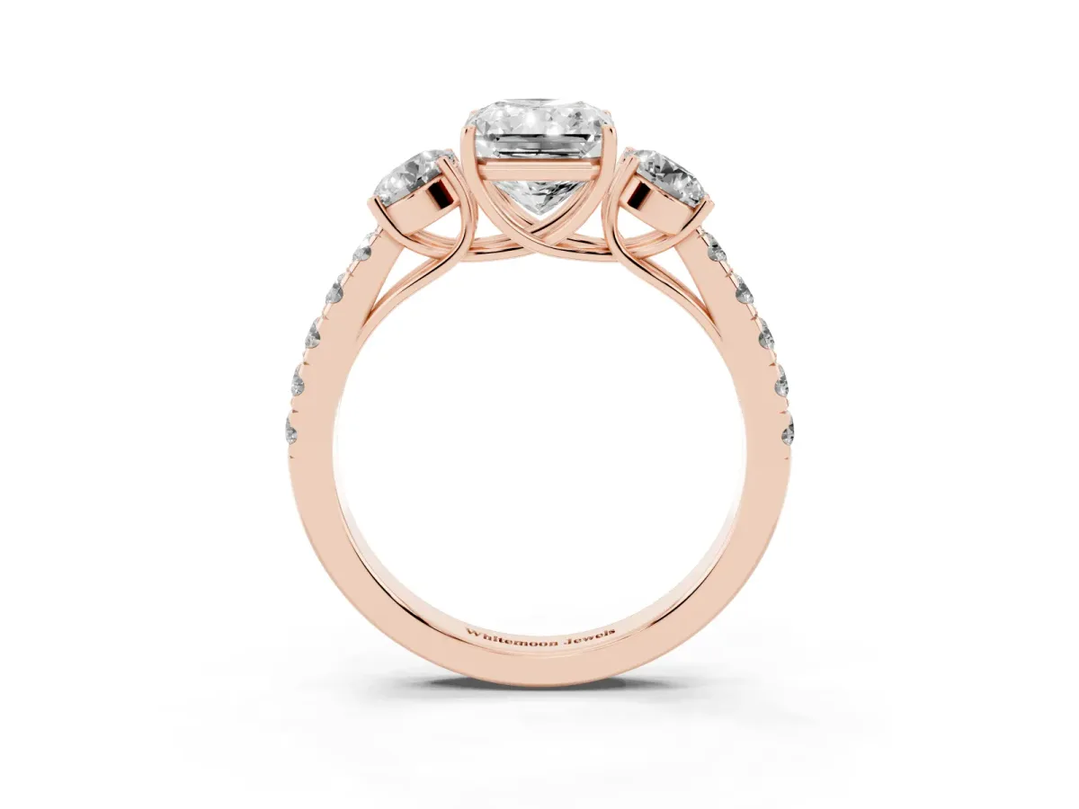 Radiant Cut Cut Diamond Three-Stone Ring with Round Side Stones and Pavé Band Rose gold