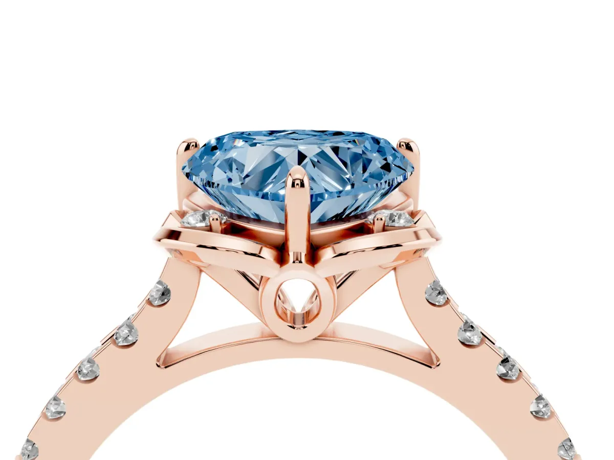 Fancy Blue Heart Cut Diamond Ring with Pavé Band and Floral Prong Setting Rose gold