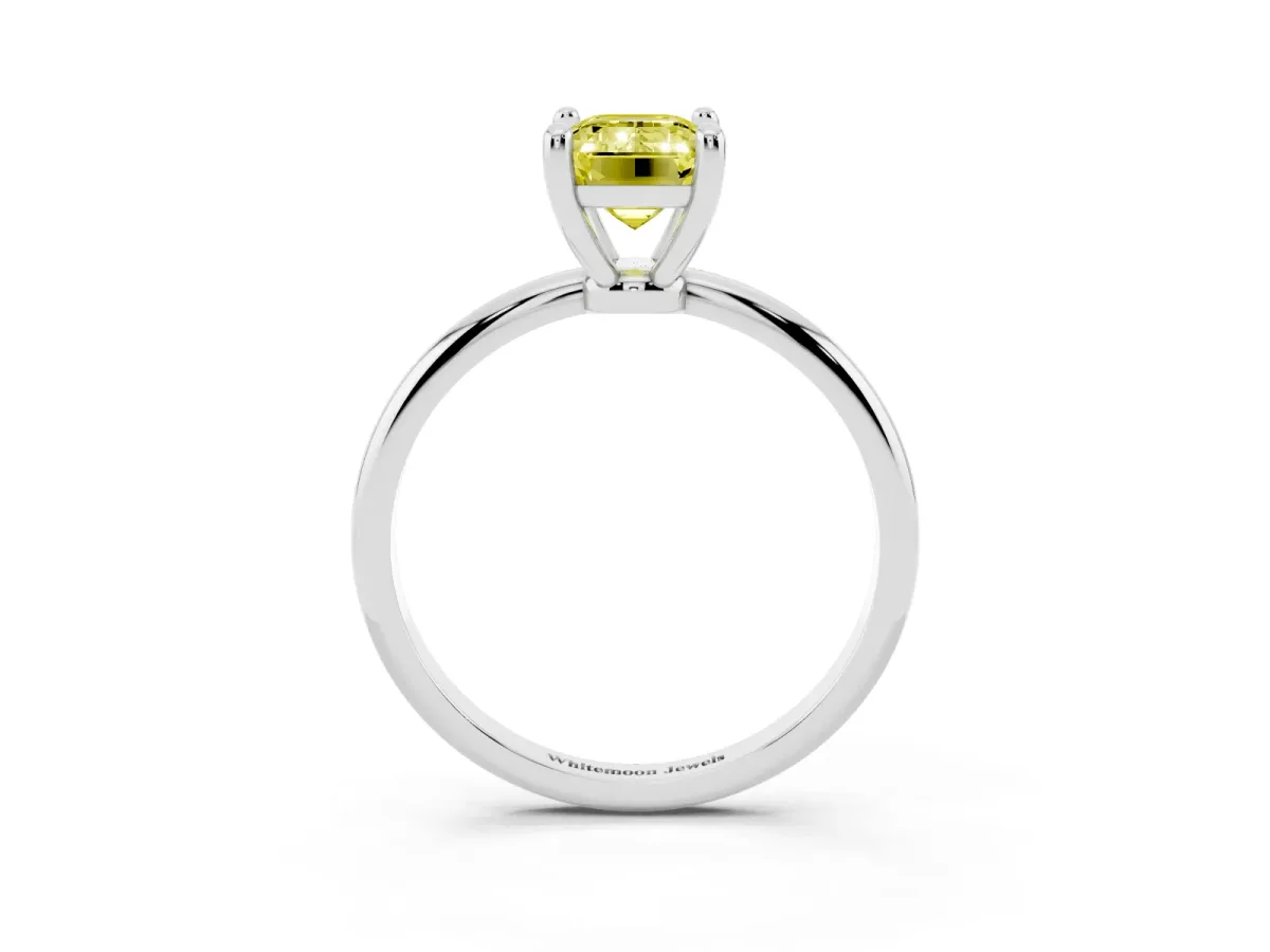 Fancy Yellow Emerald Cut Solitaire Diamond Ring with 4-Prong Setting on a Classic Band White gold